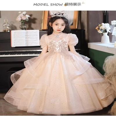 Sequined Luxury Tulle Flower Girls Dresses Kids Wedding Party Gown Frock Layered Clothes