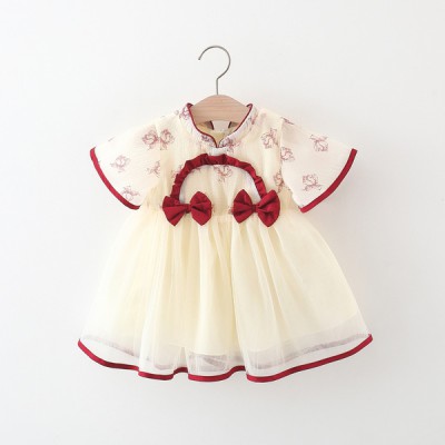 Summer New Two Bowknot Semi-circular Mesh Stitching Small Skirt Girl's Short-sleeved Dress
