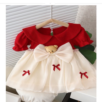 New Summer  Doll Collar Bow Bear Korean Style Children's Thin Short-Sleeved Cotton Skirt baby Dress