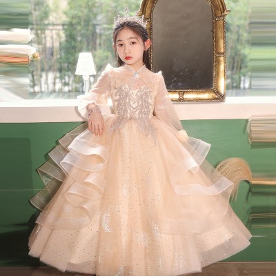 Khaki Long Sleeve Sequined Luxury Tulle Flower Girls Dresses Kids Wedding Party Gown Frock Layered Clothes