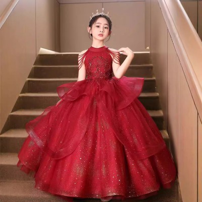 Girl Long Red Tutu Party Wedding Cake  Girl Bridal Piano Birthday Princess Evening Dress